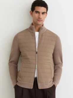 Reiss Taupe Brown Townsend Quilted Rib-Knit Funnel-Neck Jacket