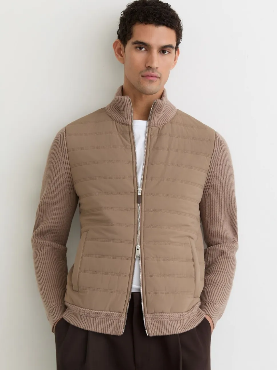 Reiss Taupe Brown Townsend Quilted Rib-Knit Funnel-Neck Jacket