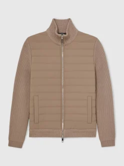 Reiss Taupe Brown Townsend Quilted Rib-Knit Funnel-Neck Jacket