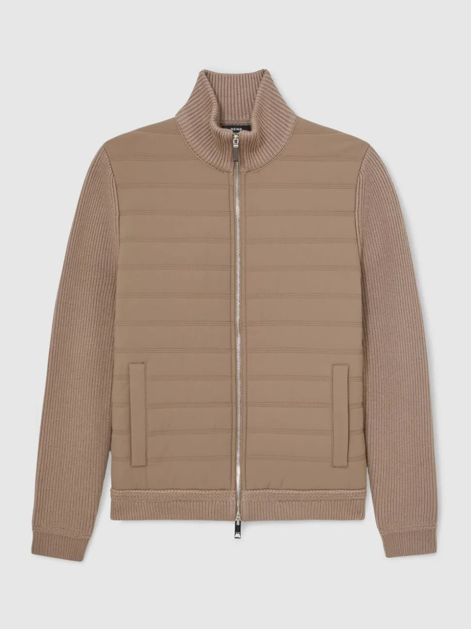 Reiss Taupe Brown Townsend Quilted Rib-Knit Funnel-Neck Jacket