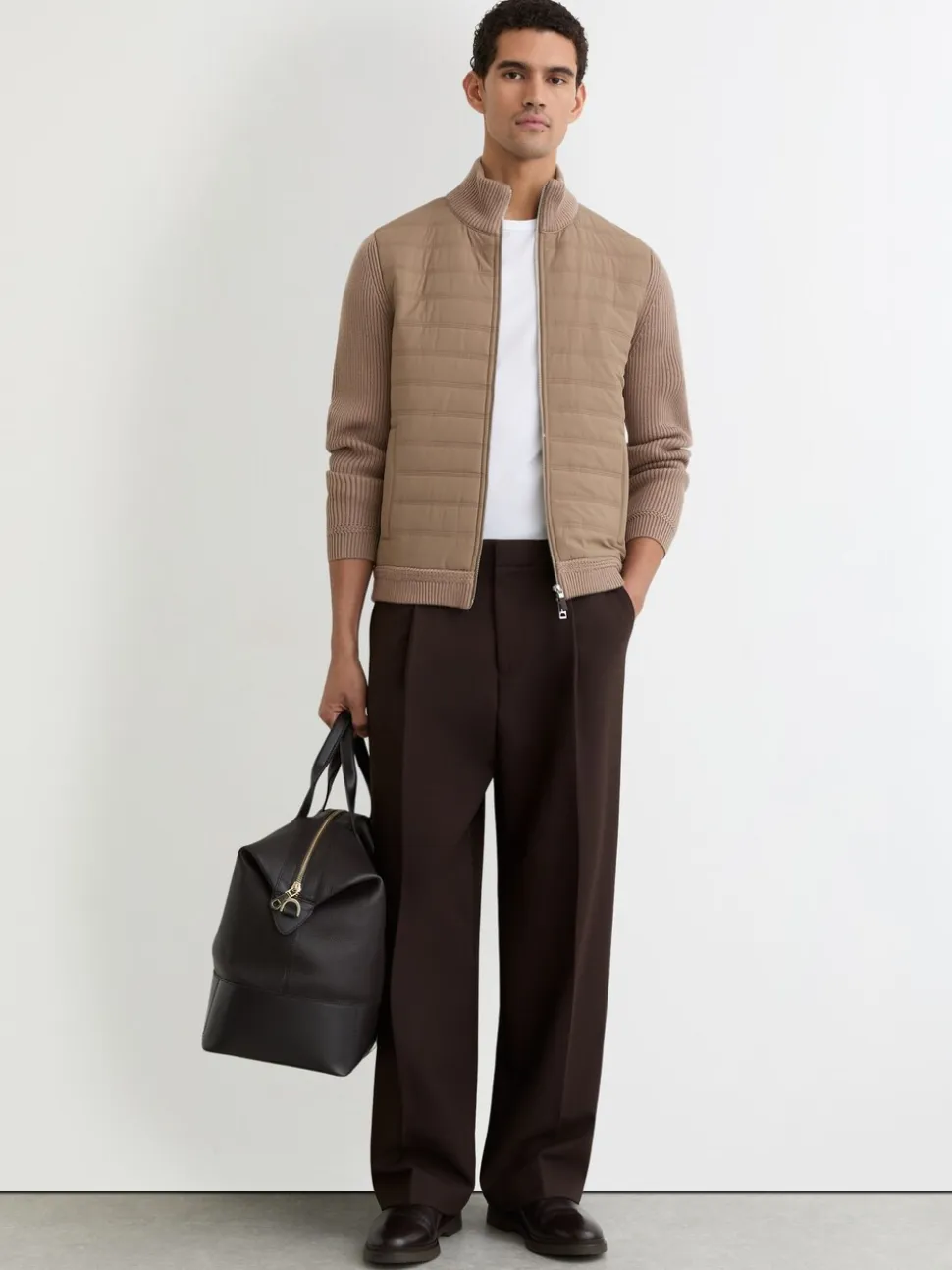 Reiss Taupe Brown Townsend Quilted Rib-Knit Funnel-Neck Jacket
