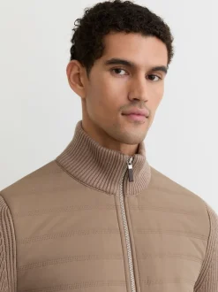 Reiss Taupe Brown Townsend Quilted Rib-Knit Funnel-Neck Jacket