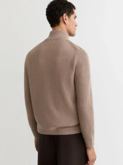 Reiss Taupe Brown Townsend Quilted Rib-Knit Funnel-Neck Jacket