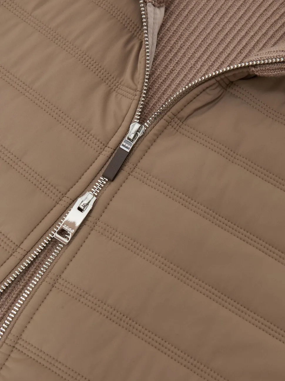Reiss Taupe Brown Townsend Quilted Rib-Knit Funnel-Neck Jacket