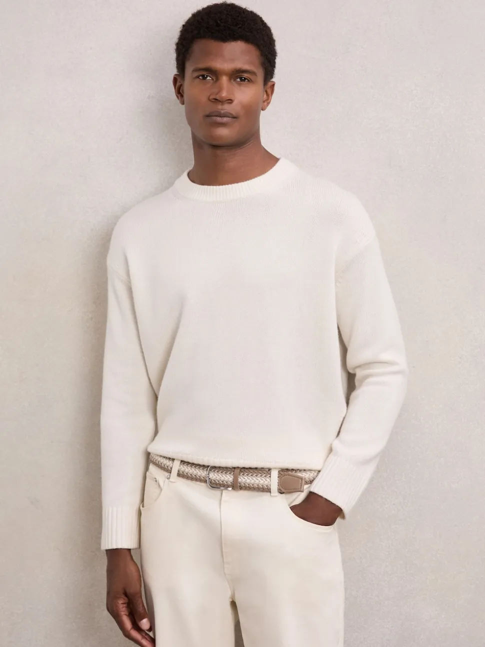 Reiss Taupe Brown/Off White Ellis Woven Stripe Belt