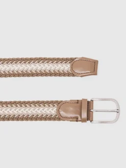 Reiss Taupe Brown/Off White Ellis Woven Stripe Belt