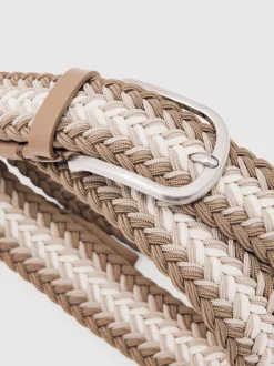 Reiss Taupe Brown/Off White Ellis Woven Stripe Belt