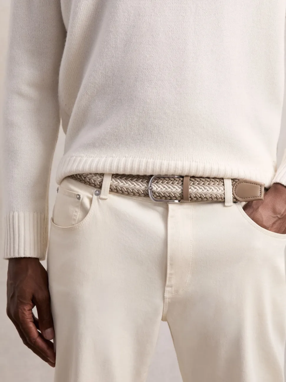 Reiss Taupe Brown/Off White Ellis Woven Stripe Belt