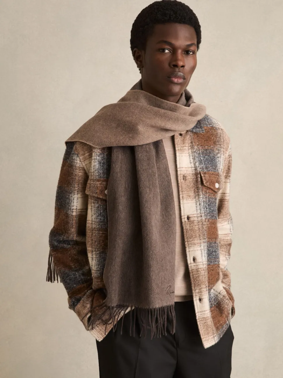Reiss Taupe Picton Wool and Cashmere Scarf