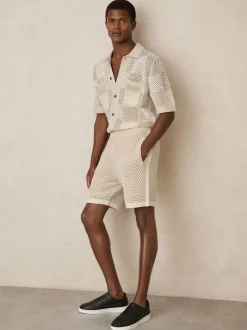 Reiss Taupe/Off White Butler Cotton-Blend Crochet Shorts