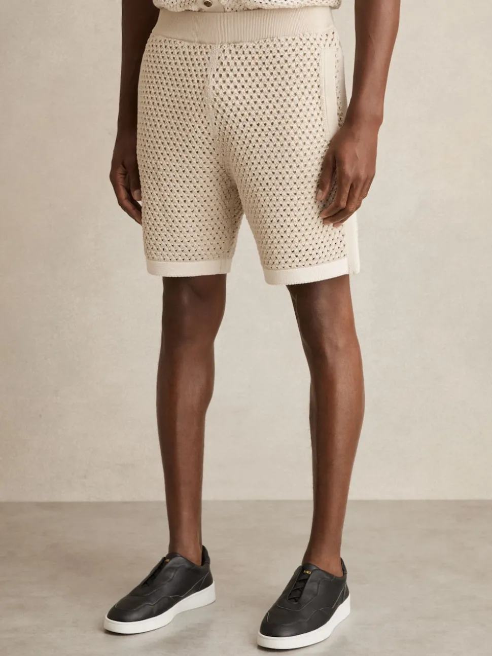 Reiss Taupe/Off White Butler Cotton-Blend Crochet Shorts