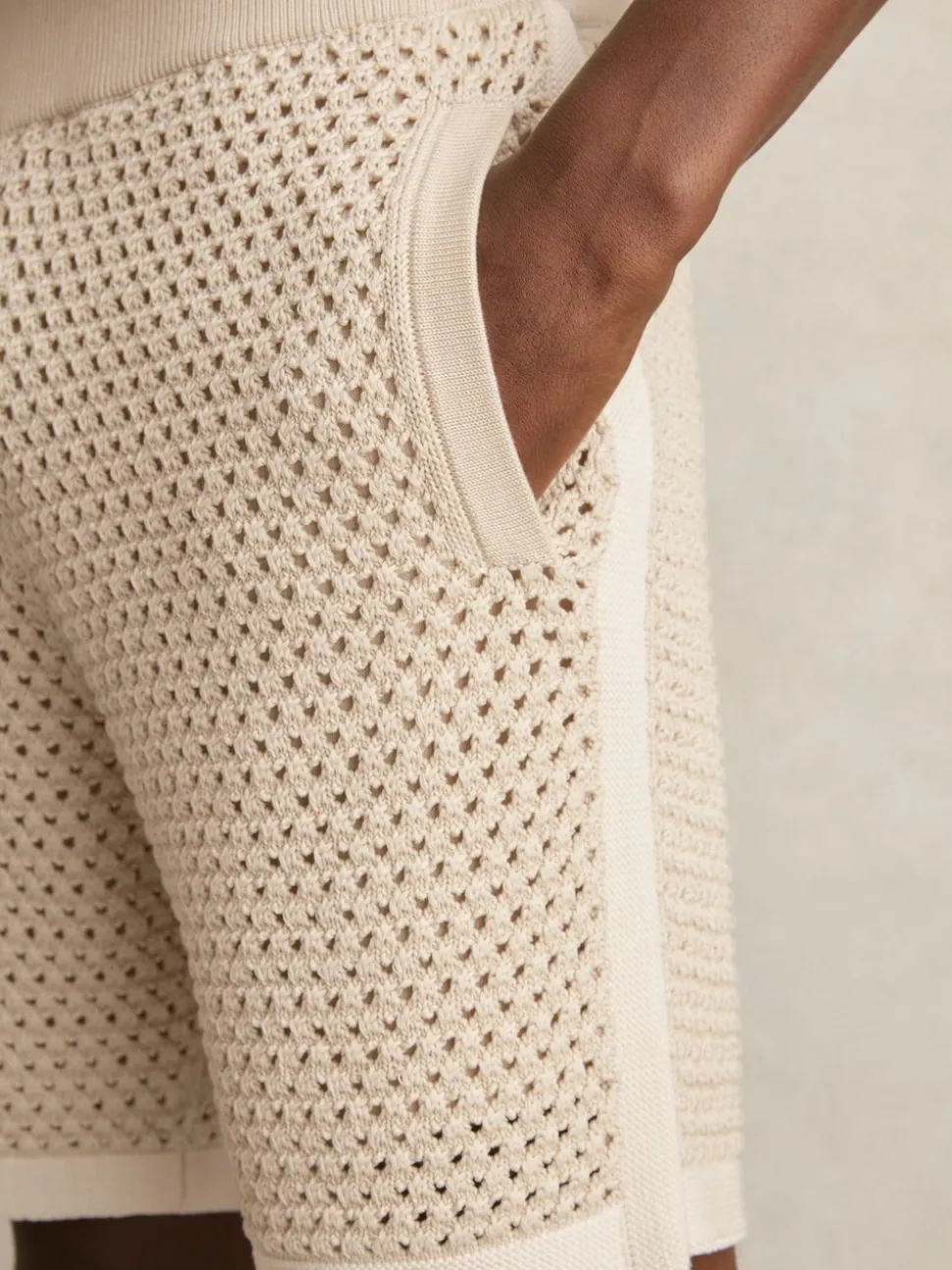 Reiss Taupe/Off White Butler Cotton-Blend Crochet Shorts