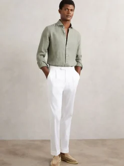 Reiss Thyme Green Ruban Linen Cutaway-Collar Regular-Fit Shirt