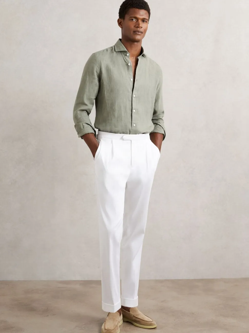 Reiss Thyme Green Ruban Linen Cutaway-Collar Regular-Fit Shirt