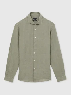 Reiss Thyme Green Ruban Linen Cutaway-Collar Regular-Fit Shirt