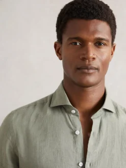 Reiss Thyme Green Ruban Linen Cutaway-Collar Regular-Fit Shirt