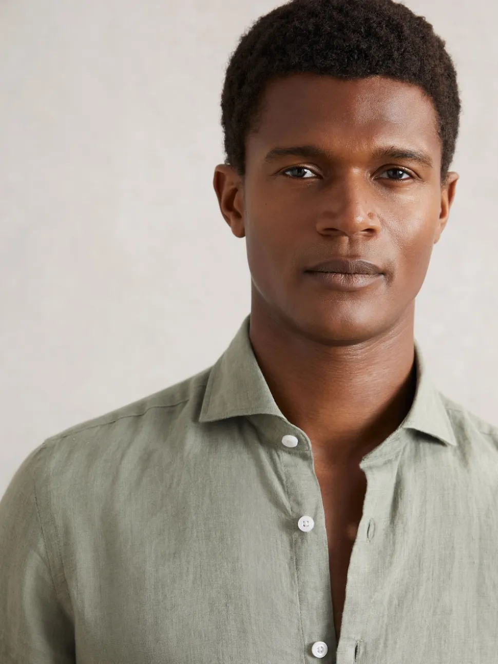 Reiss Thyme Green Ruban Linen Cutaway-Collar Regular-Fit Shirt