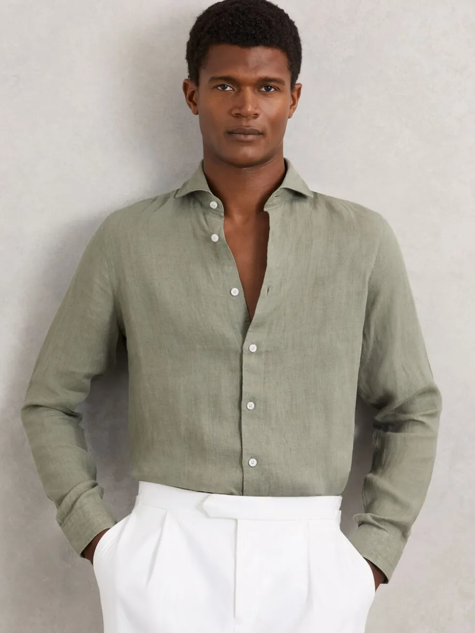 Reiss Thyme Green Ruban Linen Cutaway-Collar Regular-Fit Shirt