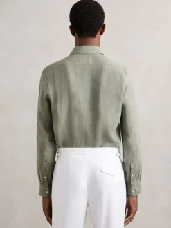 Reiss Thyme Green Ruban Linen Cutaway-Collar Regular-Fit Shirt