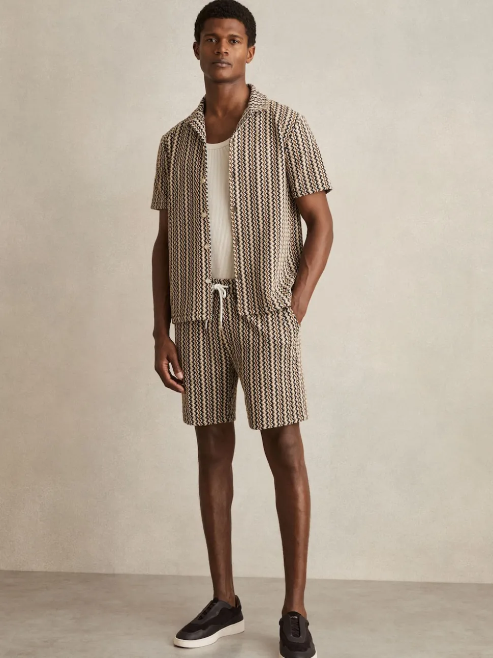 Reiss Tobacco Brown Teti Zig-Zag Knit Drawstring Shorts