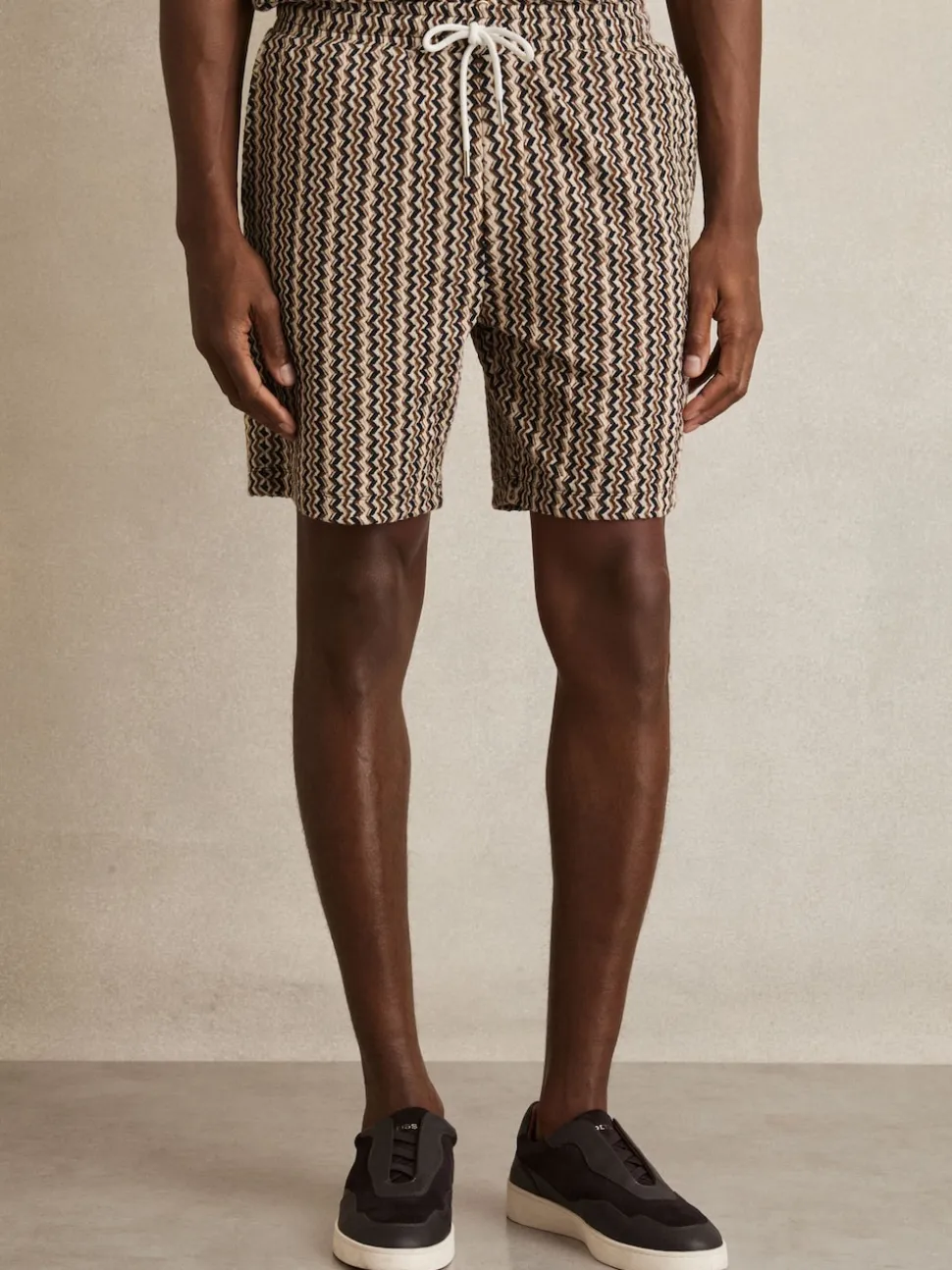 Reiss Tobacco Brown Teti Zig-Zag Knit Drawstring Shorts