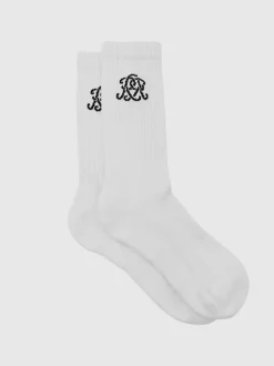 Reiss White Marcus Monogram Cotton-Blend Ribbed Socks