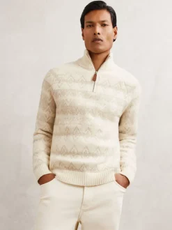 Reiss Winter White/Oatmeal Claus Wool-Blend Fair Isle Half-Zip Jumper