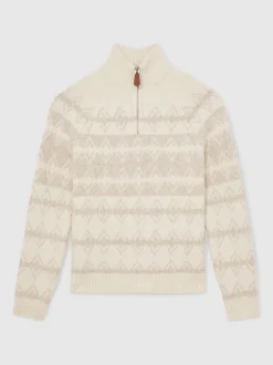 Reiss Winter White/Oatmeal Claus Wool-Blend Fair Isle Half-Zip Jumper