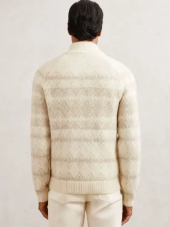 Reiss Winter White/Oatmeal Claus Wool-Blend Fair Isle Half-Zip Jumper