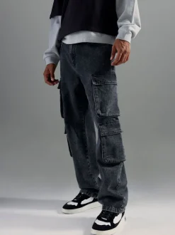 River Island Black Loose Fit Washed Denim Cargo Jeans