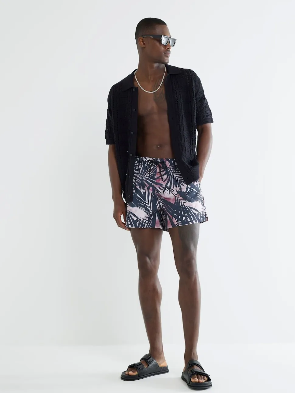 River Island Black Palm Print Swim Shorts