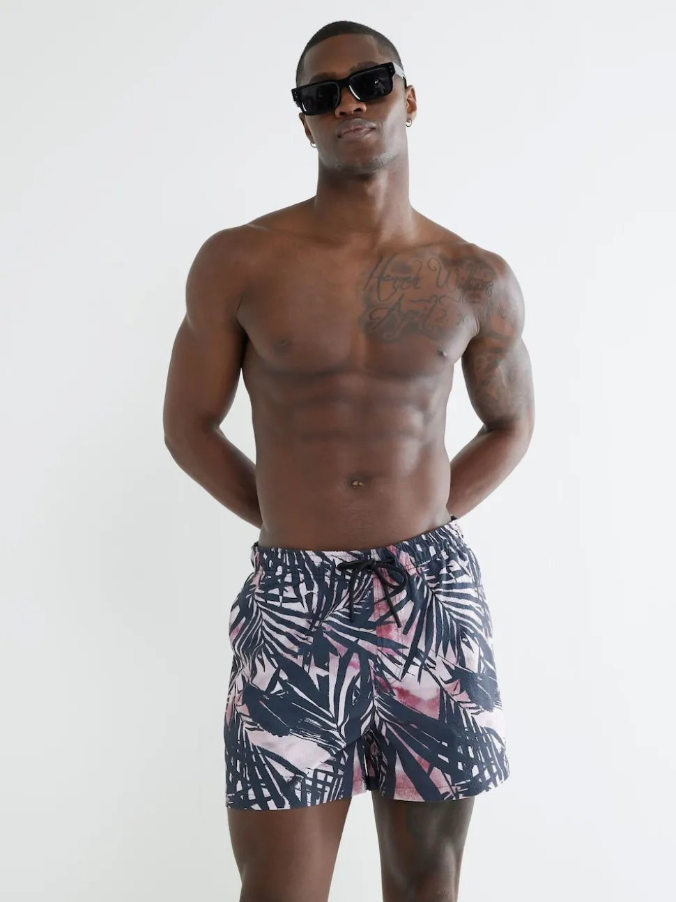 River Island Black Palm Print Swim Shorts