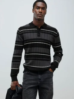 River Island Black Slim Fit Stripe Knitted Rib Polo Shirt