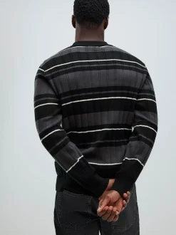 River Island Black Slim Fit Stripe Knitted Rib Polo Shirt