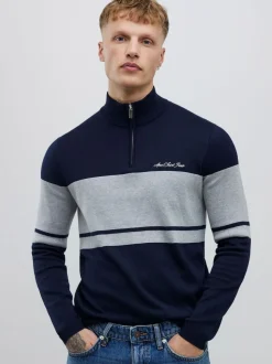 River Island Blue Slim Fit Premium Viscose Quarter Zip Blocked Jumper