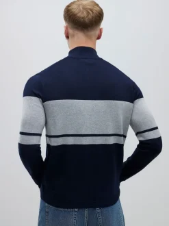 River Island Blue Slim Fit Premium Viscose Quarter Zip Blocked Jumper
