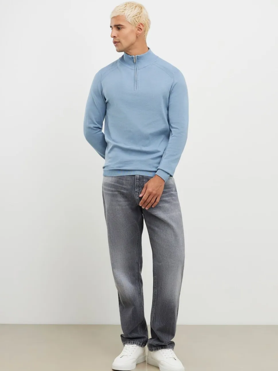 River Island Blue Slim Fit Premium Viscose Quarter Zip Jumper