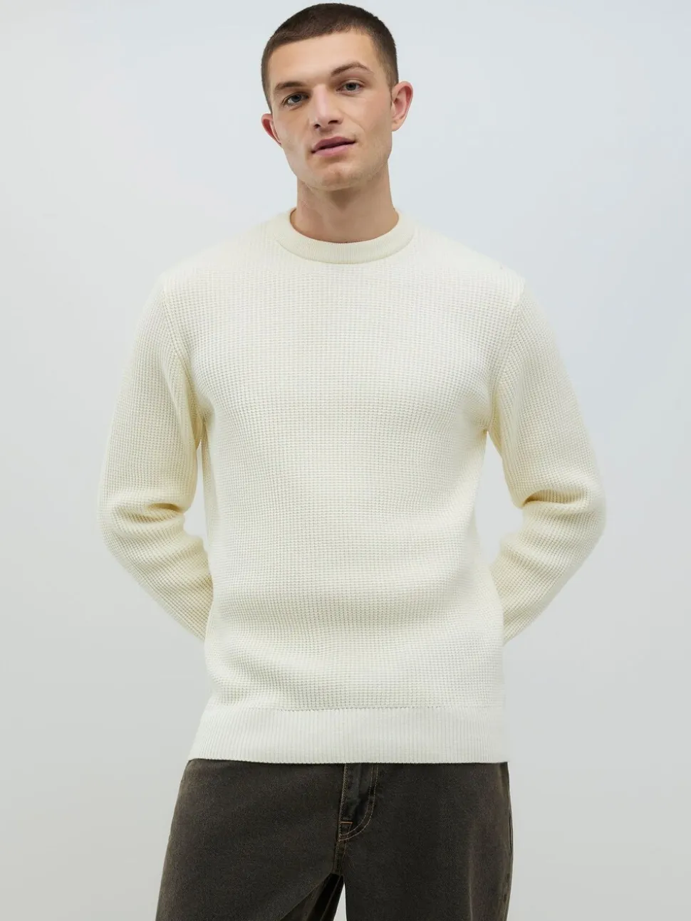 River Island Cream Slim Fit Crew Neck Waffle Knit Jumper
