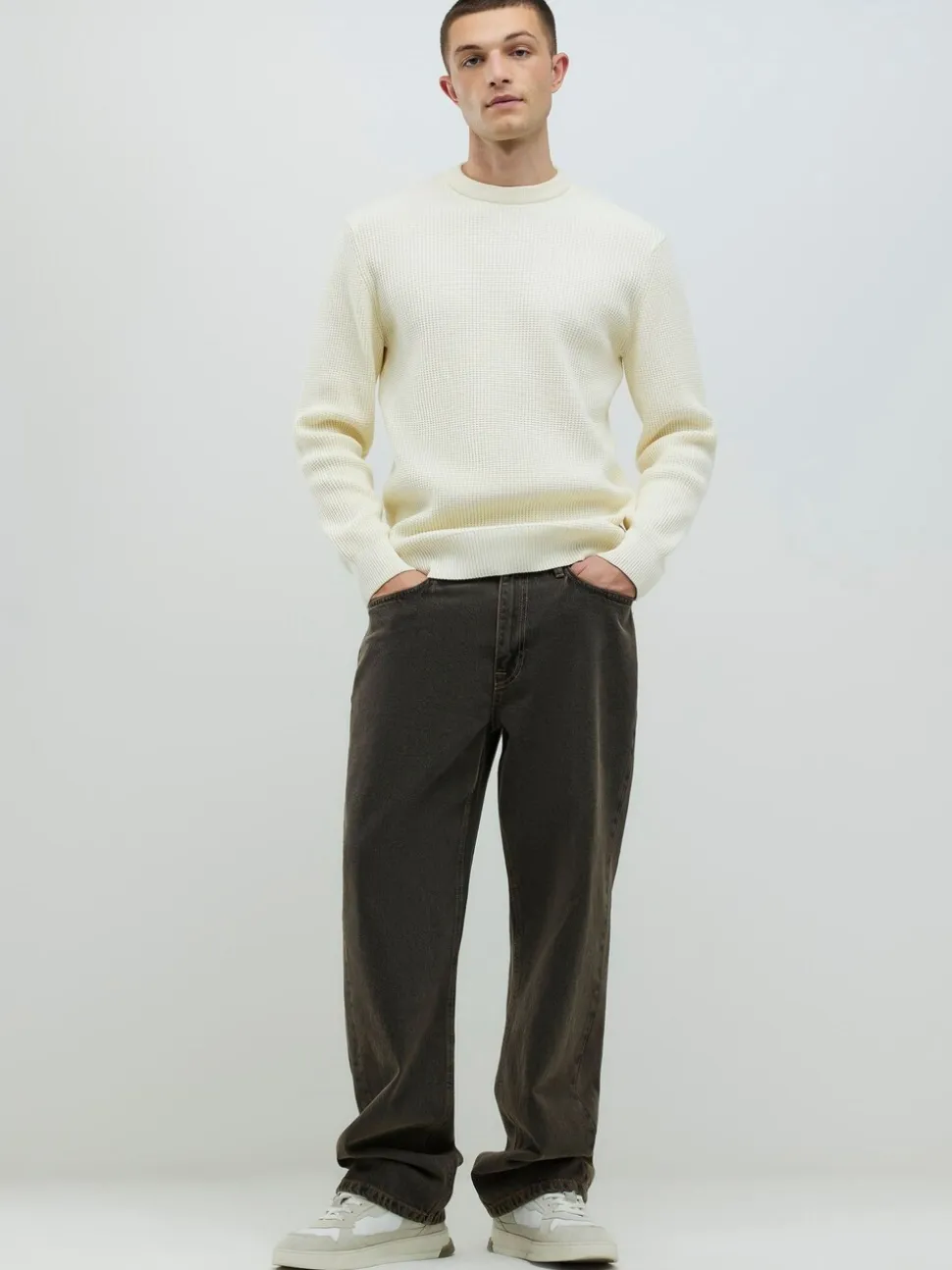 River Island Cream Slim Fit Crew Neck Waffle Knit Jumper
