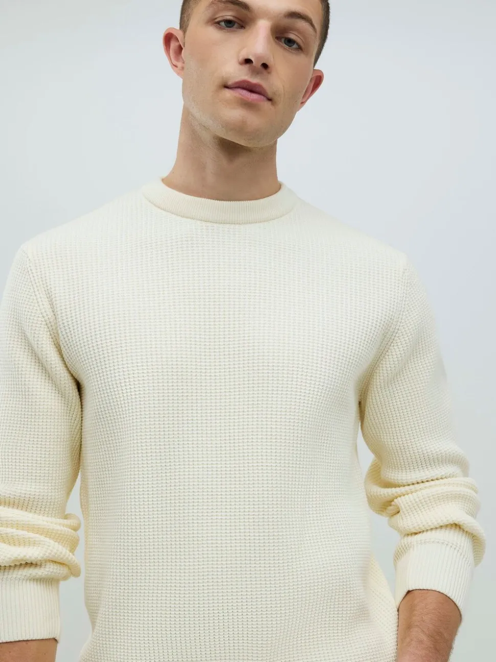 River Island Cream Slim Fit Crew Neck Waffle Knit Jumper