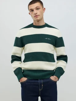 River Island Green Slim Fit Stripe Crew Neck Waffle Knit Jumper