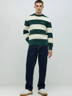 River Island Green Slim Fit Stripe Crew Neck Waffle Knit Jumper