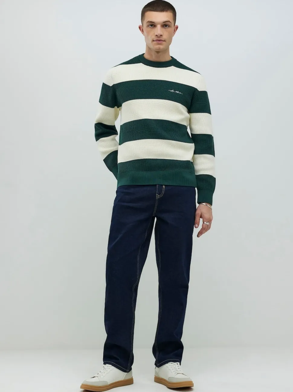 River Island Green Slim Fit Stripe Crew Neck Waffle Knit Jumper