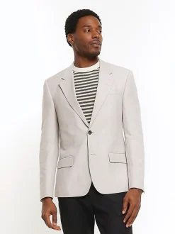River Island Grey Linen Single Breasted Slim Fit Suit Jacket