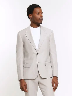 River Island Grey Linen Single Breasted Slim Fit Suit Jacket