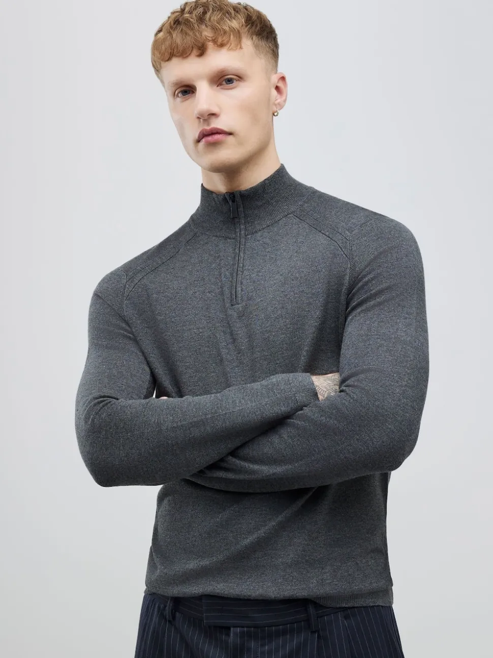 River Island Grey Slim Fit Premium Viscose Quarter Zip Jumper