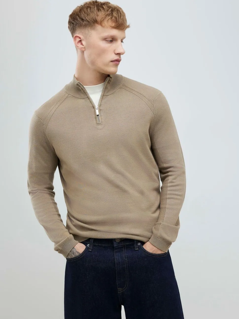 River Island Natural Slim Fit Premium Viscose Quarter Zip Jumper