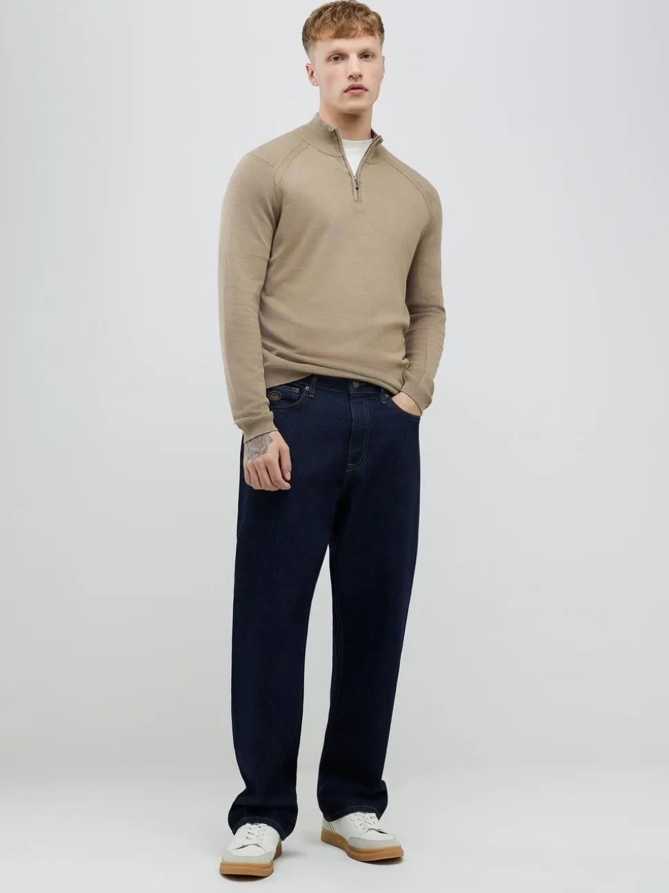 River Island Natural Slim Fit Premium Viscose Quarter Zip Jumper