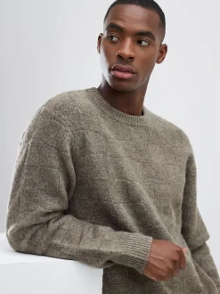 River Island Natural Slim Fit Knitted Check Crew Neck Jumper
