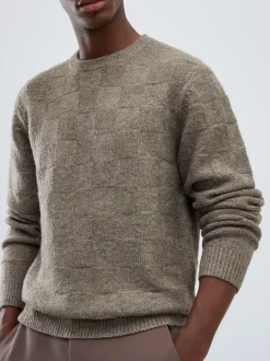 River Island Natural Slim Fit Knitted Check Crew Neck Jumper
